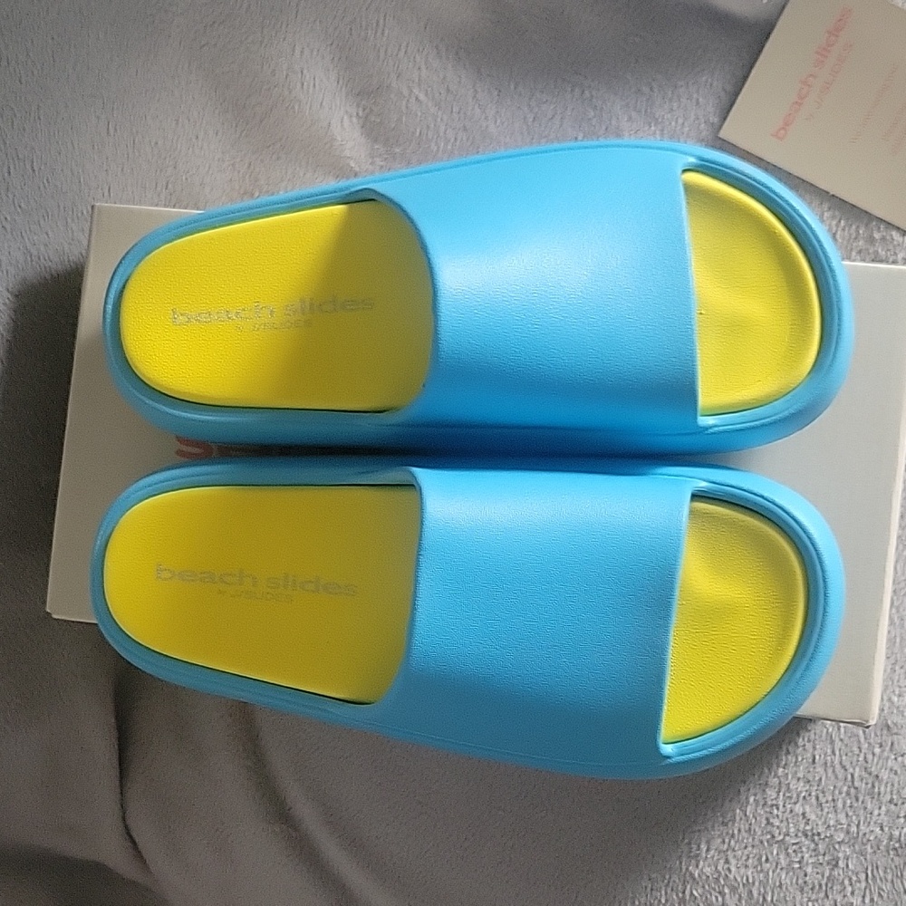Beach Slides By J Slides Torquoise Yellow Eva Squish Sz 10